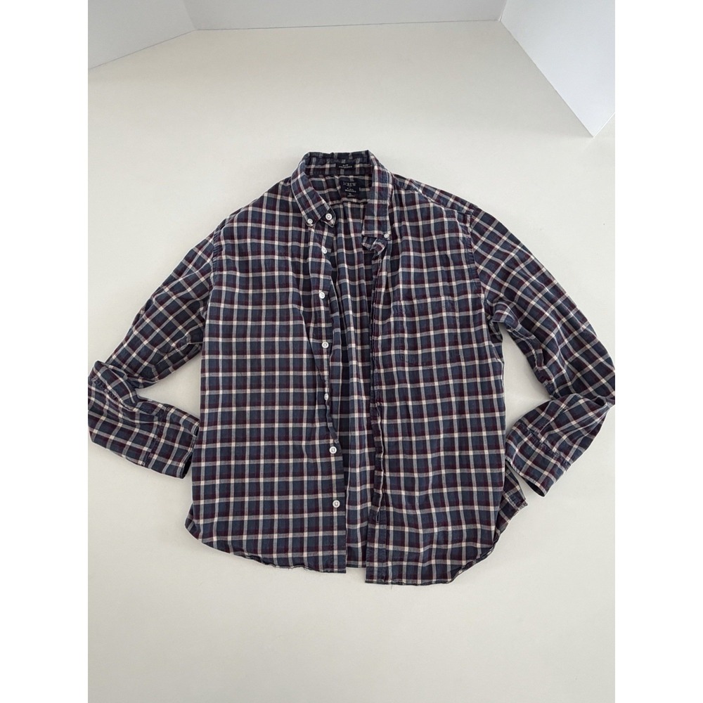 J Crew Flex Washed Shirt XL Slim Untucked Blue Plaid Long Sleeve Button Down